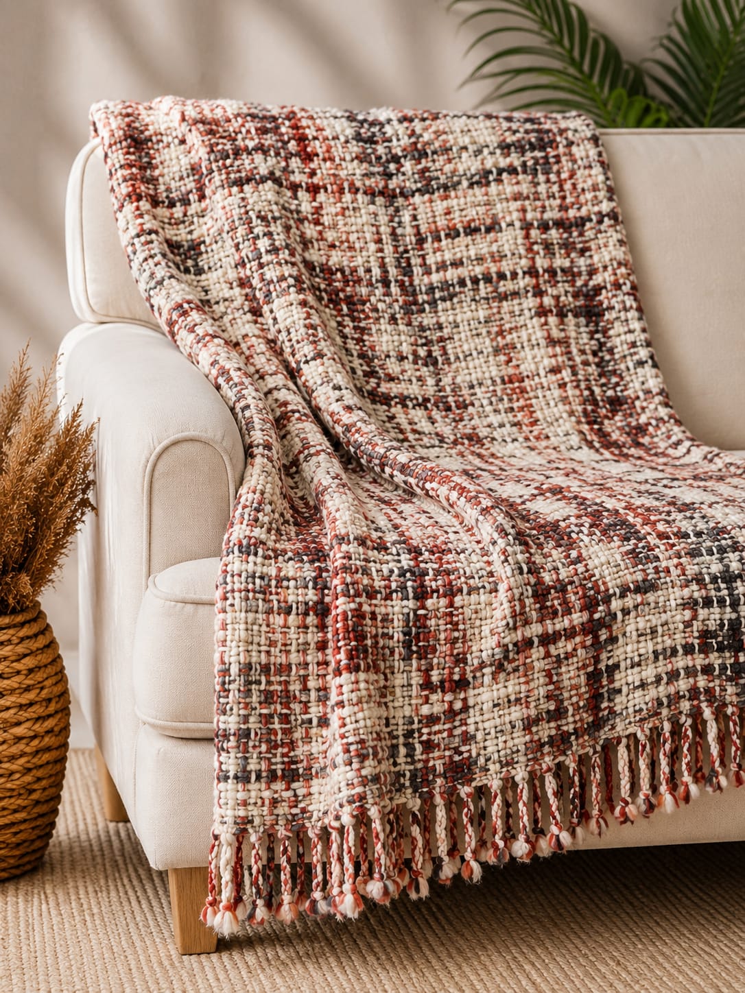 Terracotta rust and cream handwoven chunky woolen sofa throw blanket featuring a windowpane grid plaid pattern and twisted fringe draped over a cream sofa.