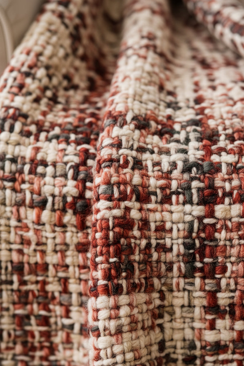 Terracotta rust and cream handwoven chunky woolen sofa throw blanket featuring a windowpane grid plaid pattern and twisted fringe draped over a cream sofa.