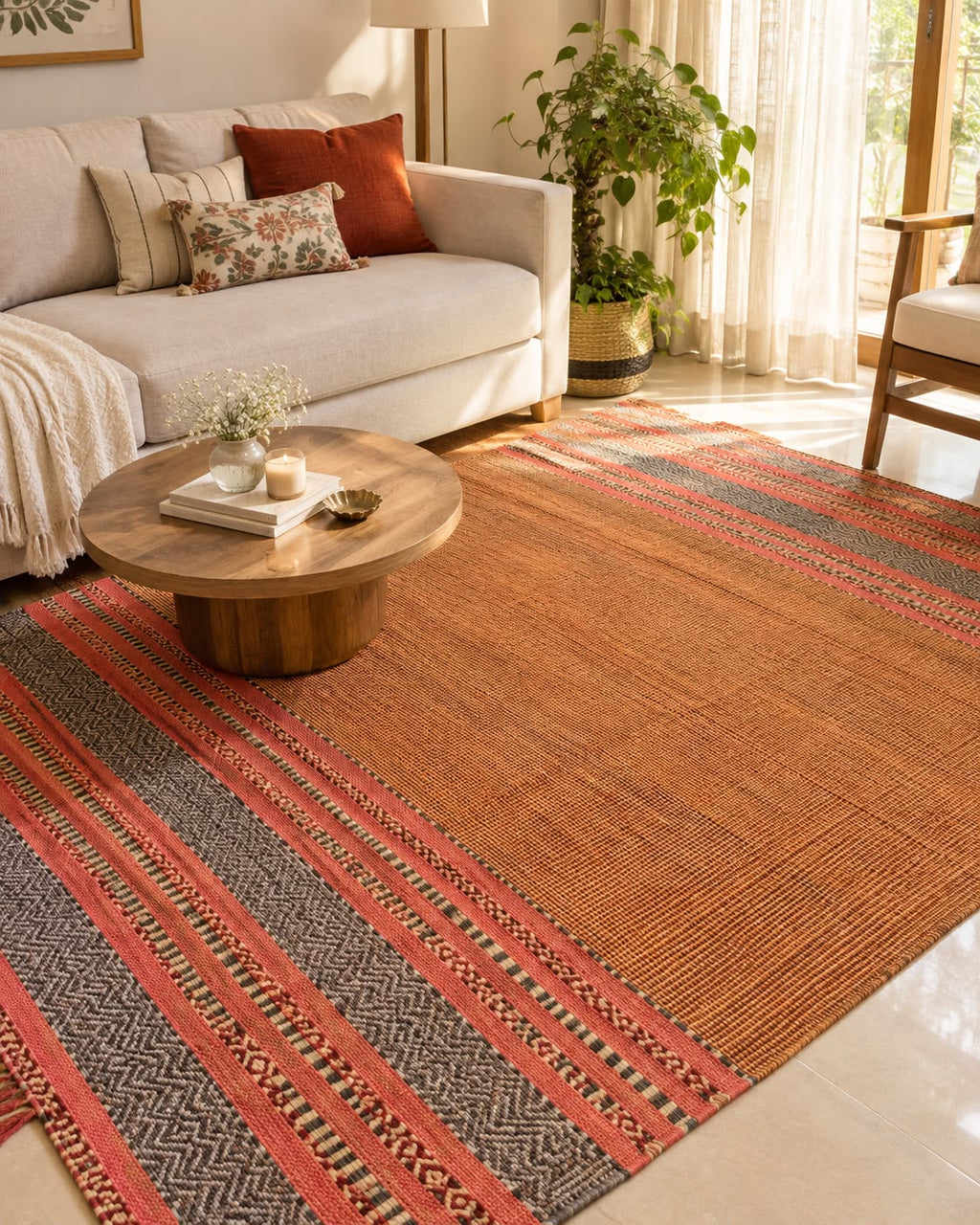 Terracotta rust cotton flatweave area rug with detailed charcoal grey and pink geometric border bands styled in a cozy warm living room.