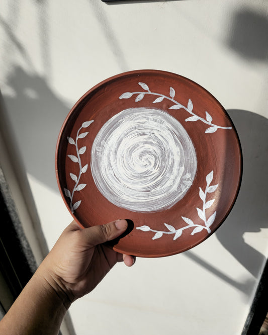 Handpainted Terracotta Wall Plate – Abstract Leaf Art | Hanging Decor