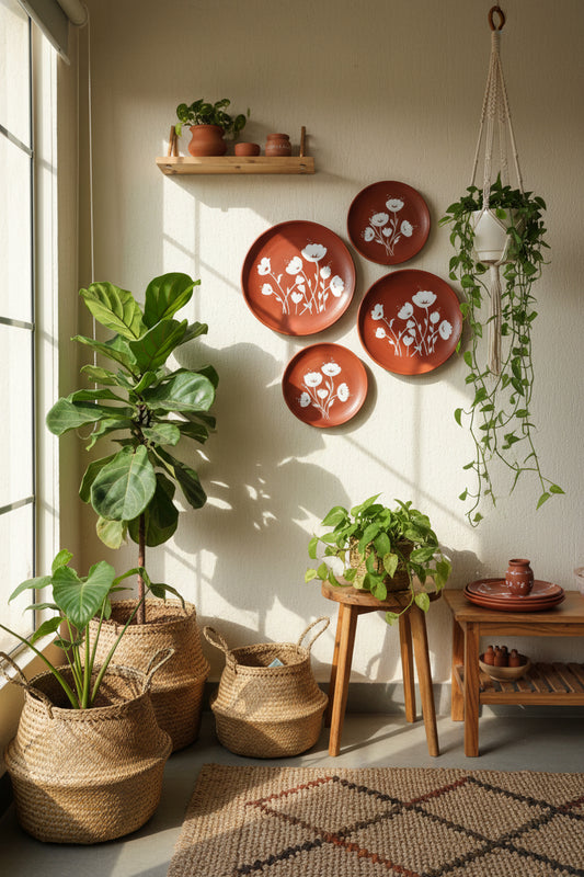terracotta decorative wall plate with a handpainted abstract floral design.