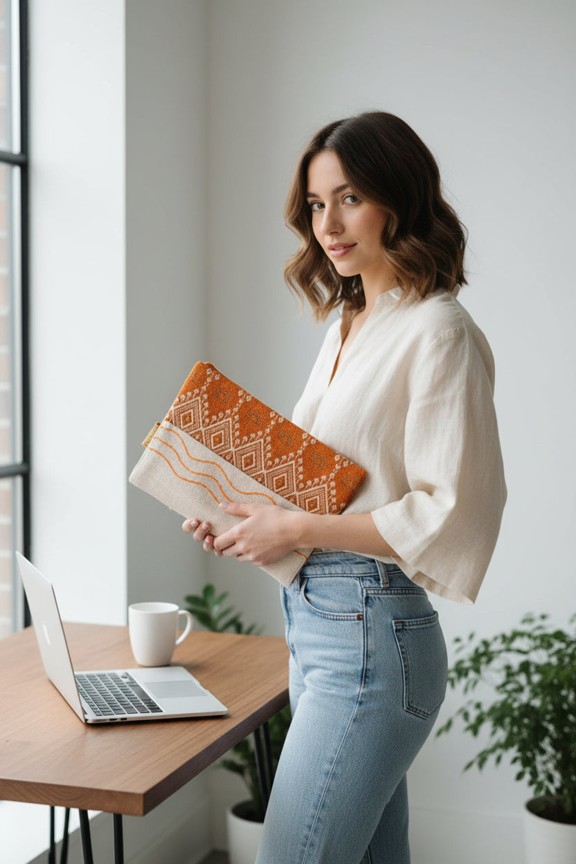 Terracotta Ikat Jacquard Jute Cotton Laptop Sleeve featuring a rust orange diamond geometric pattern and off-white jute panel with orange hand-stitched wave embroidery