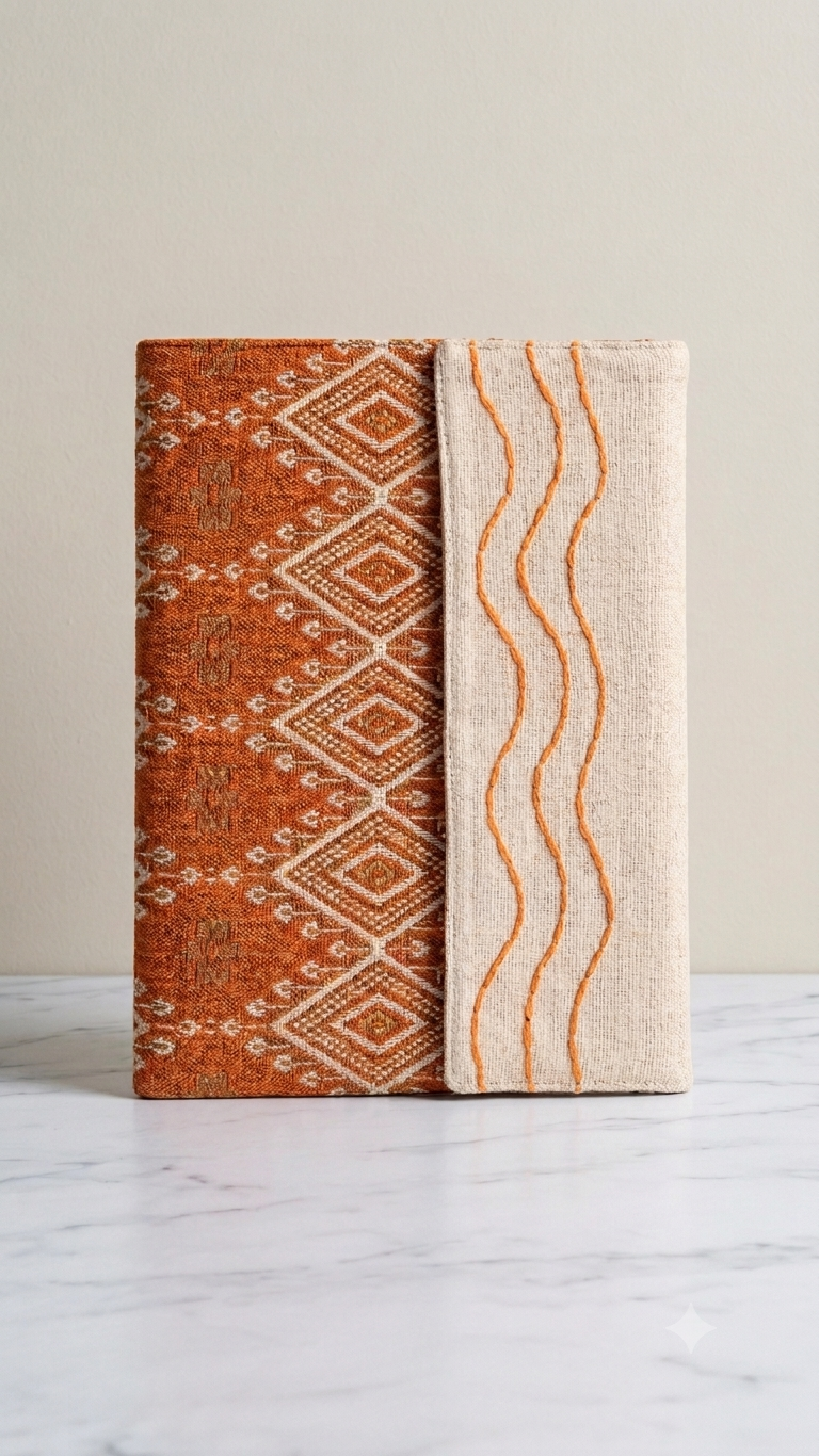 Terracotta Ikat Jacquard Jute Cotton Laptop Sleeve featuring a rust orange diamond geometric pattern and off-white jute panel with orange hand-stitched wave embroidery