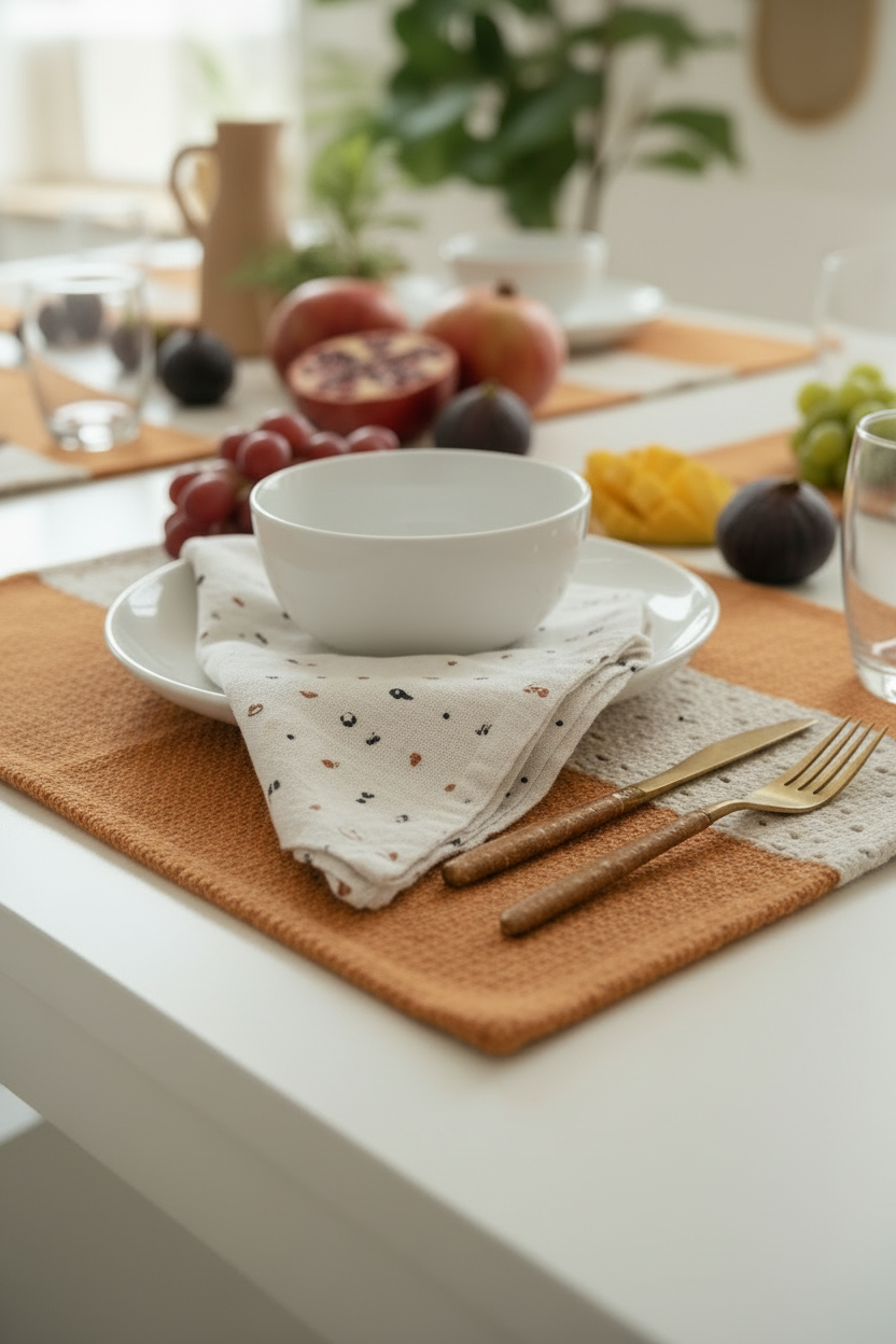 Dining table setting with white bowl, napkin, and cutlery on a placemat.