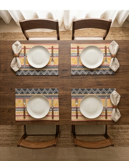 Rectangular woven cotton placemat with a mustard yellow, charcoal black, and red tribal chevron geometric pattern laid flat.