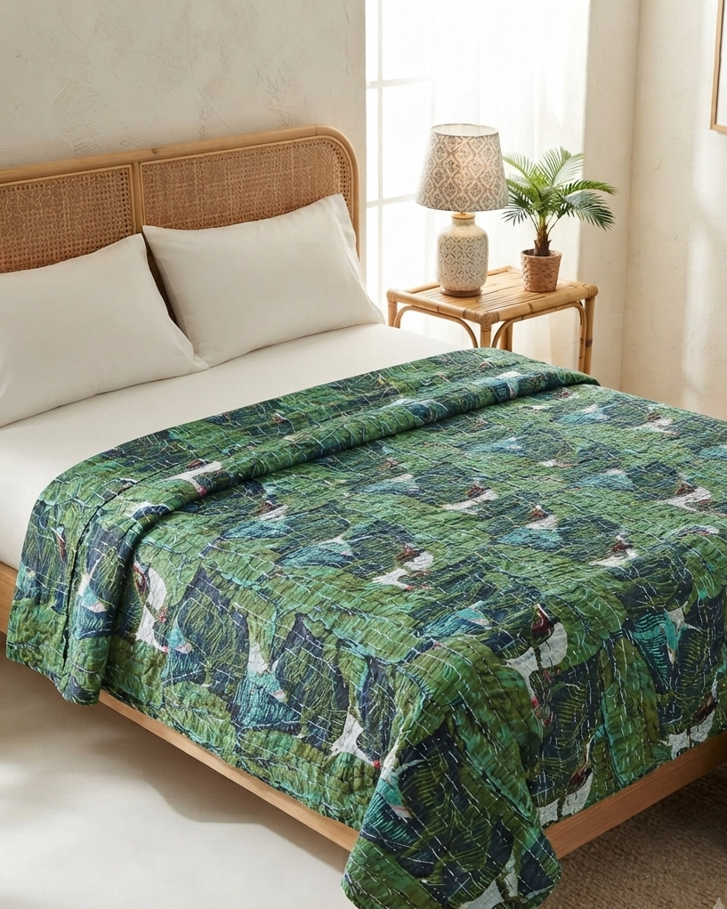 Tropical banana leaf kantha cotton quilt showcasing a vibrant botanical print on the front and a solid dark green reverse with traditional hand-stitching.