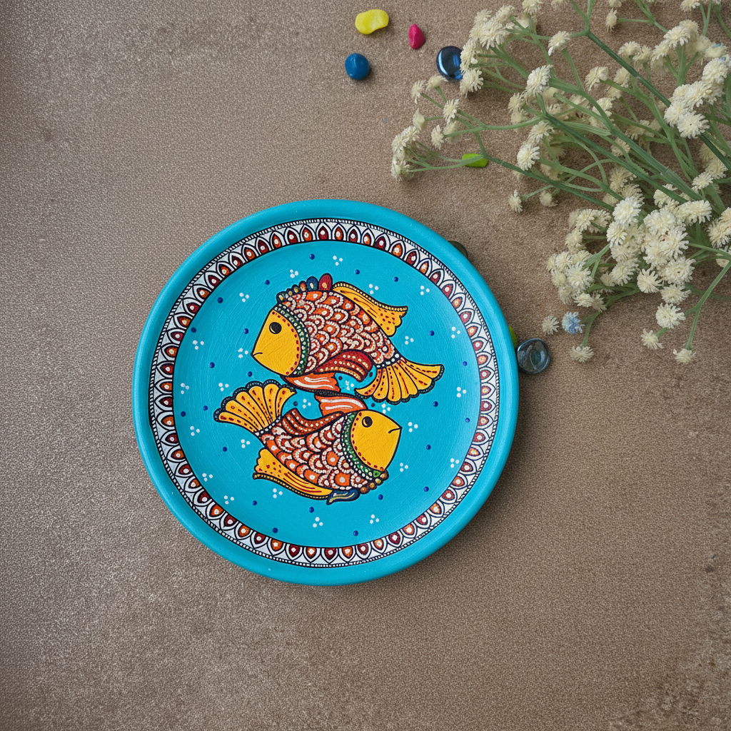 Turquoise hand-painted terracotta wall plate showcasing twin Madhubani fish motifs symbolizing good luck and harmony.
