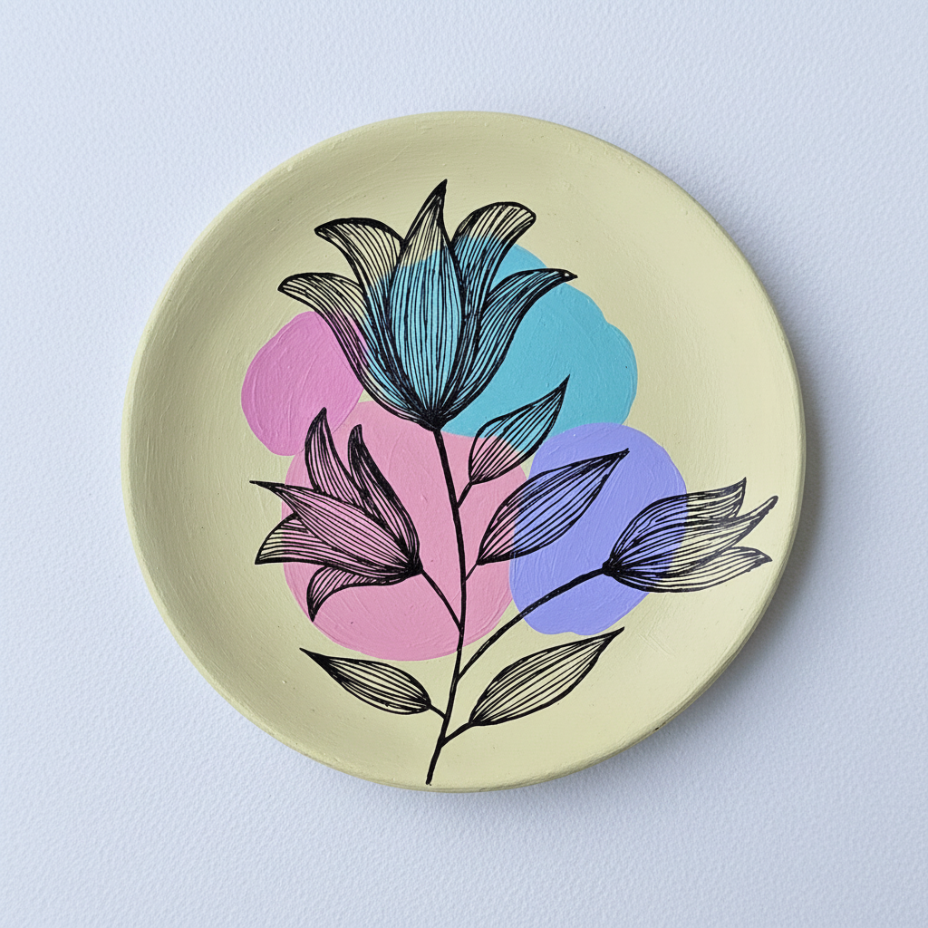 Hand-painted pastel yellow terracotta wall plate with fine-line tulip sketches and colorful abstract circle backdrops.