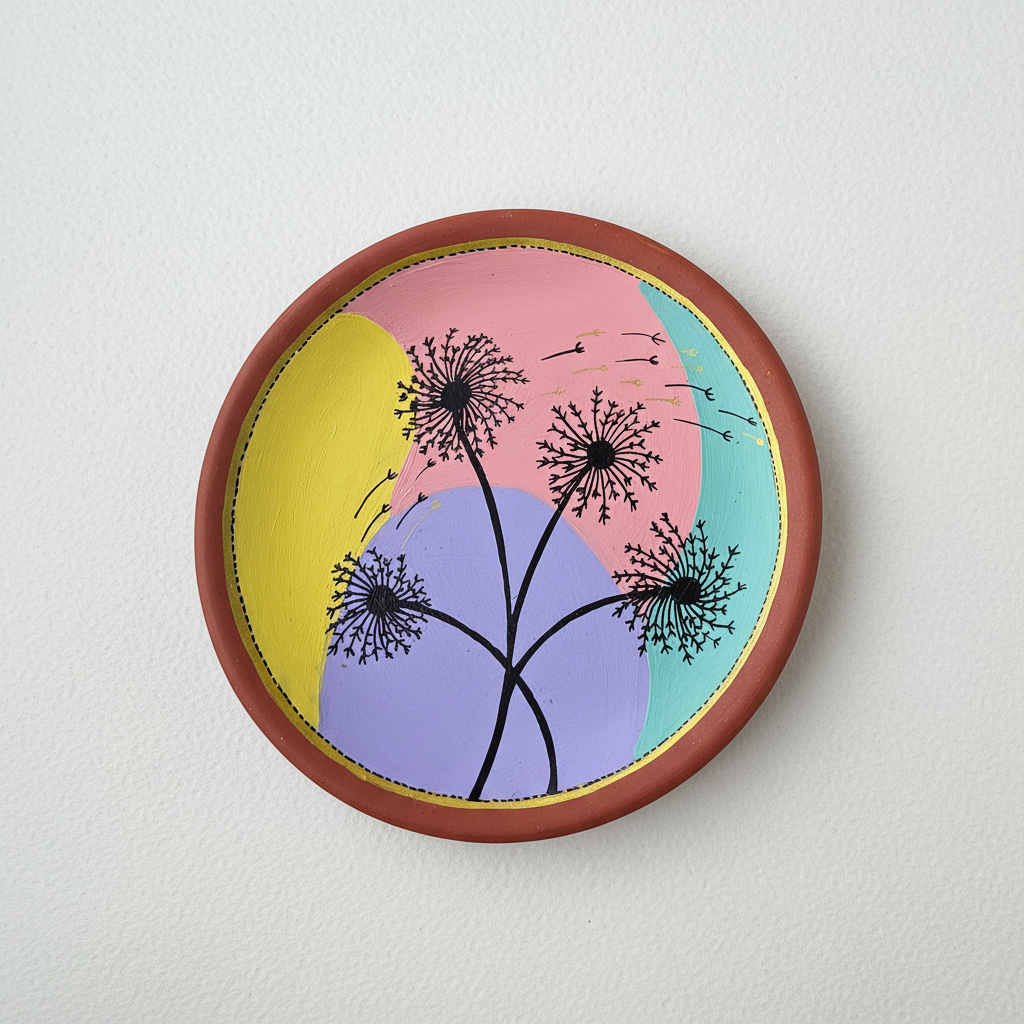 Minimalist hand-painted pastel terracotta plate featuring black dandelion fine-line art over pink, lavender, and mint green shapes.