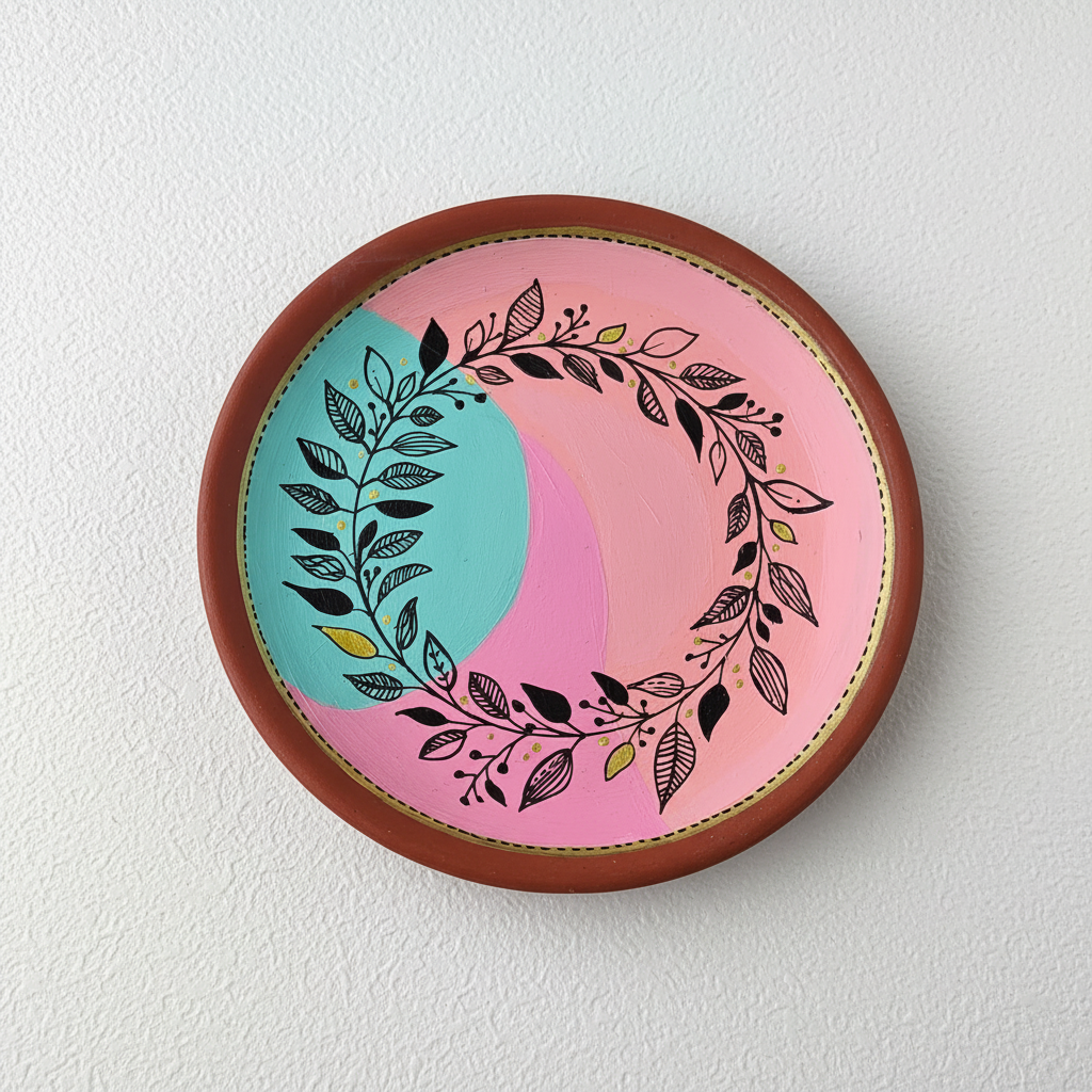Delicate black ink leaf wreath silhouette on a pastel pink and teal color-blocked terracotta wall hanging plate.