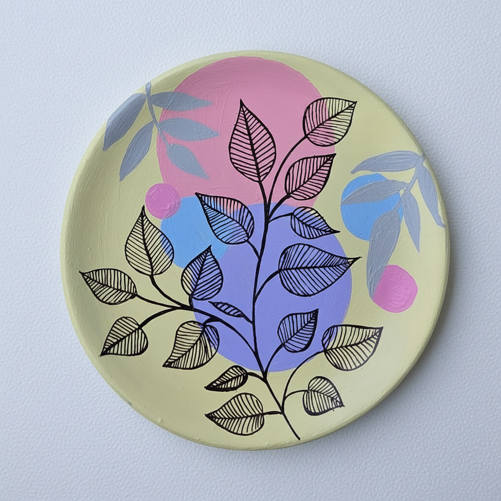 Hand-painted decorative wall plate showcasing a mix of black and grey fine-line leaf fronds on a pastel base.