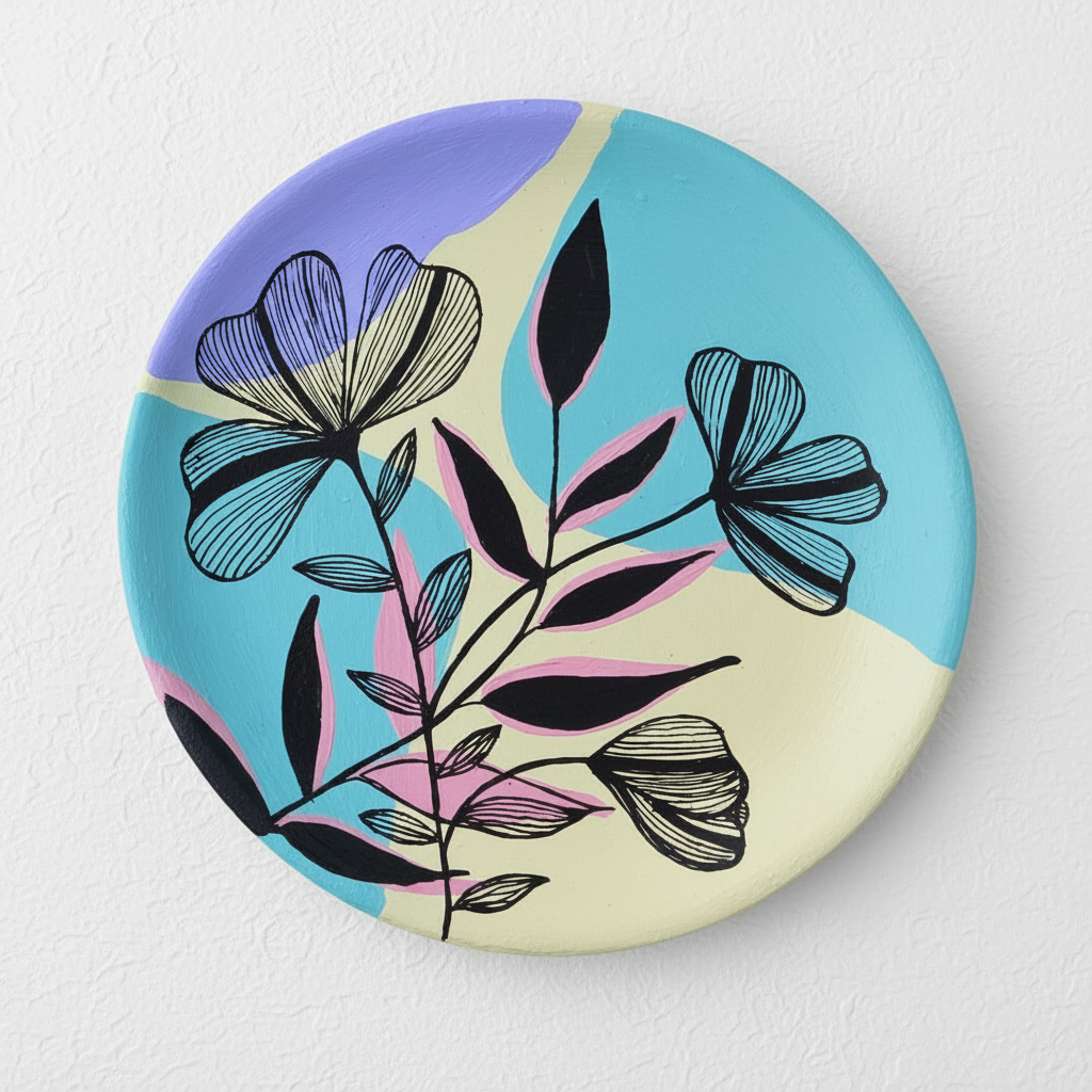 Elegant hand-painted clay wall hanging plate with delicate black ink wildflower drawings over a teal and cream split canvas.