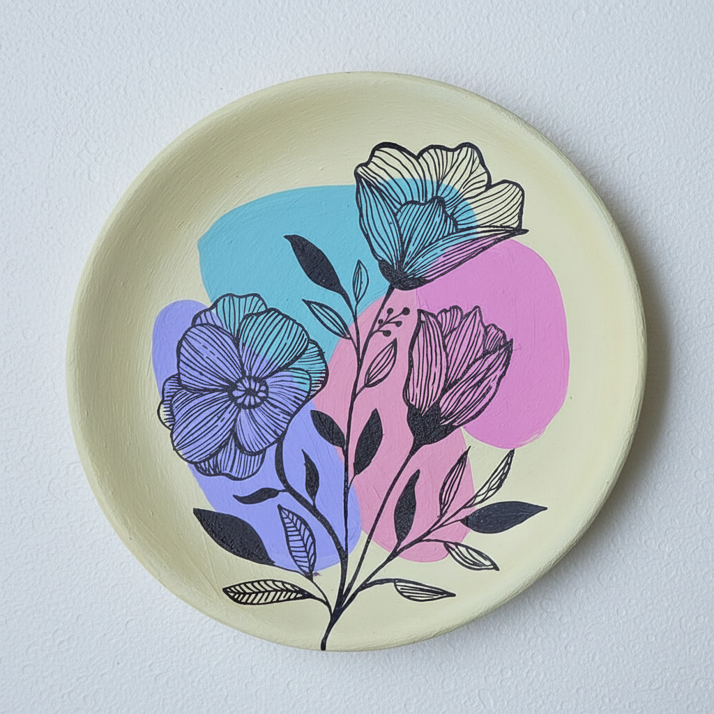 Pastel yellow decorative clay plate hand-detailed with a fine-line wild anemone flower bouquet design.