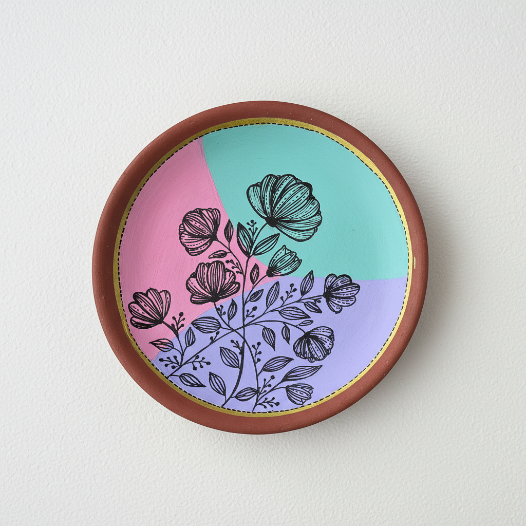 Fine line art wildflower stems painted on an 8-inch decorative clay plate with a soft pink and mint green background.