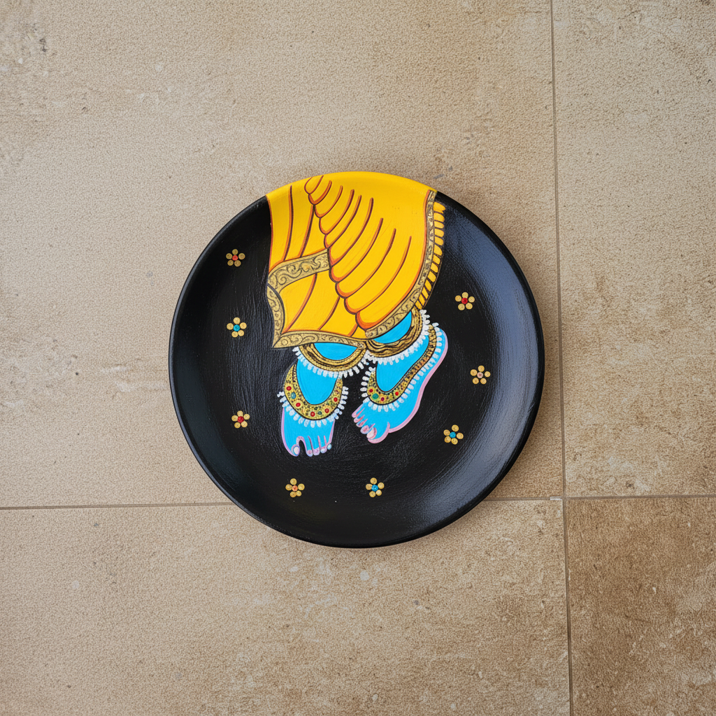 Traditional Pichwai hand-painted clay wall hanging plate showing Shrinathji's blue feet and yellow dhoti.