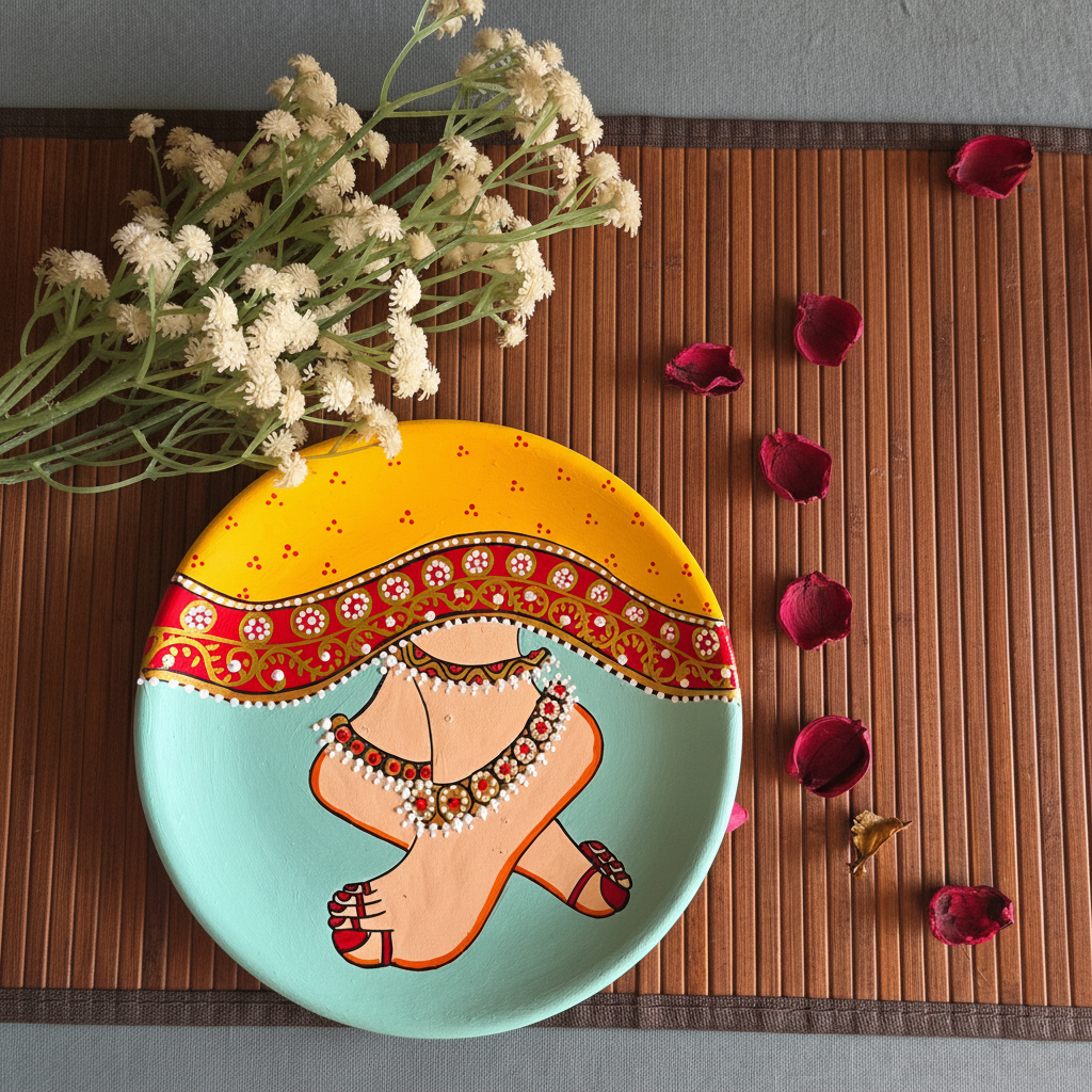 Hand-painted Pichwai terracotta wall plate showing Radha's decorative feet under a yellow and red border on a soft mint-green background.