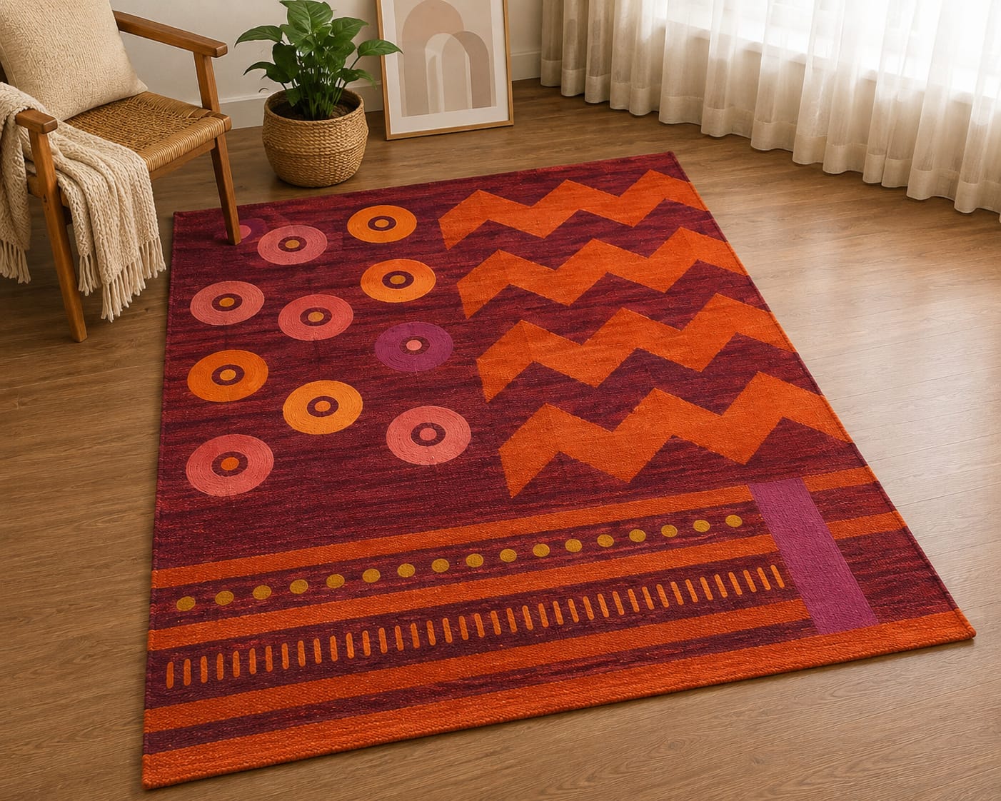 varsaca sunburst geometric terracotta crimson cotton rug
