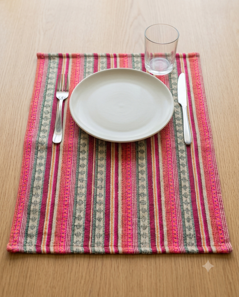Rectangular handwoven cotton table placemat featuring horizontal hot pink, orange, green, and cream striped geometric patterns laid flat.