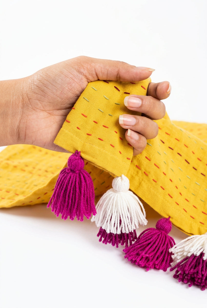 Handcrafted Cotton Embroidered Sofa Cover & Couch Runner | Vibrant Yellow with Multi-Color Stitching