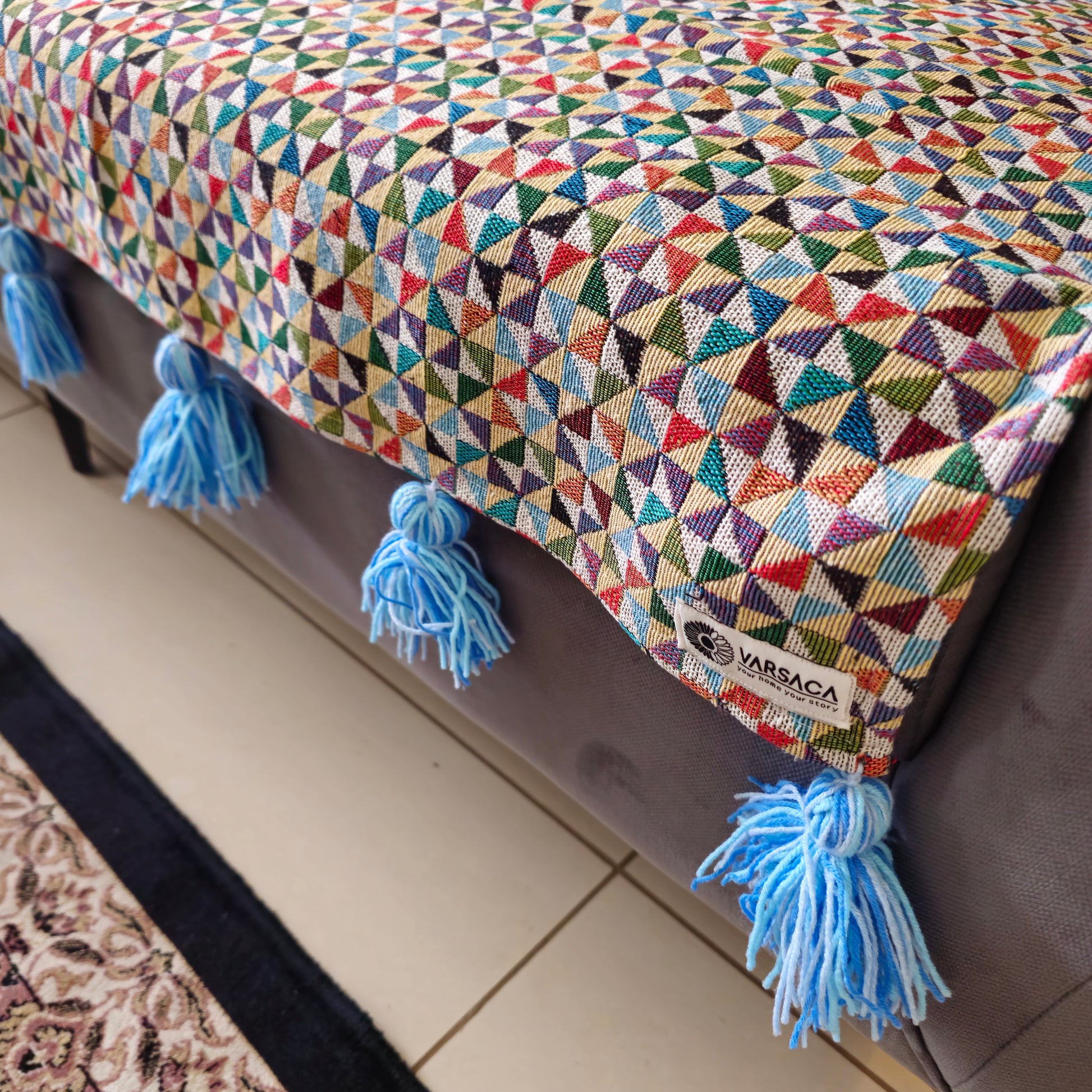 washable sky blue sofa cover with tassels