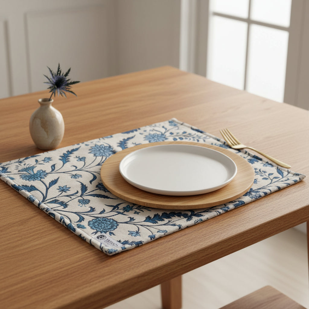 white and blue table mat