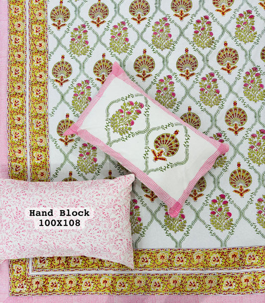 white floral block printed bedsheet