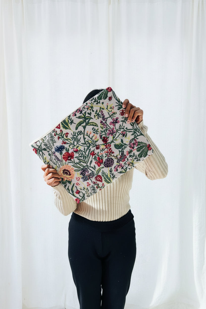 Wildflower Tapestry Jute Cotton Laptop Sleeve featuring botanical woven tapestry fabric and natural jute with purple hand-stitched wave embroidery