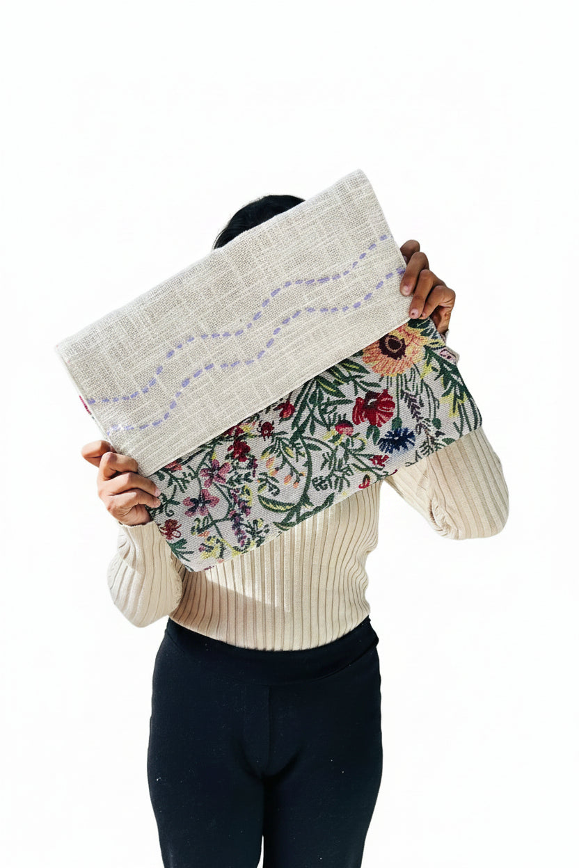 Wildflower Tapestry Jute Cotton Laptop Sleeve featuring botanical woven tapestry fabric and natural jute with purple hand-stitched wave embroidery
