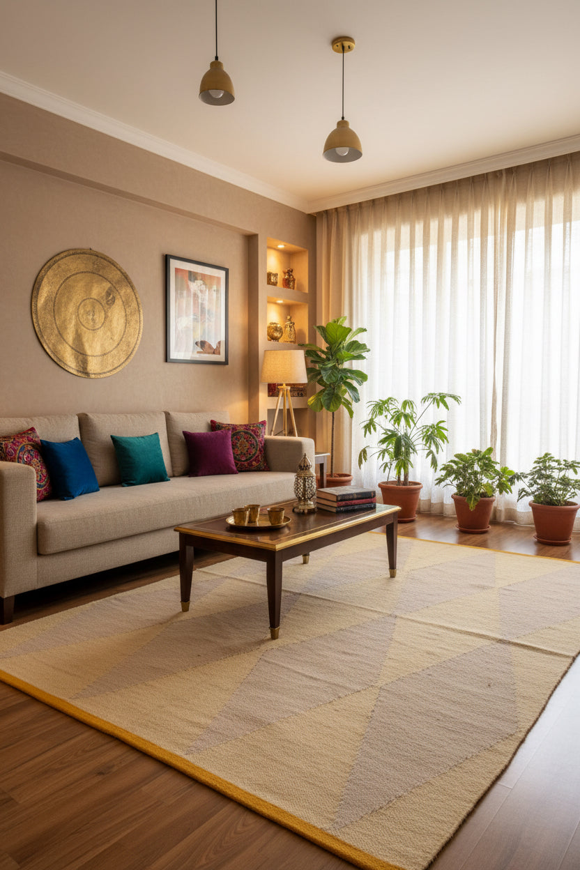 woollen rug with geometric pattern in a living room 