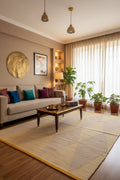 woollen rug with geometric pattern in a living room 