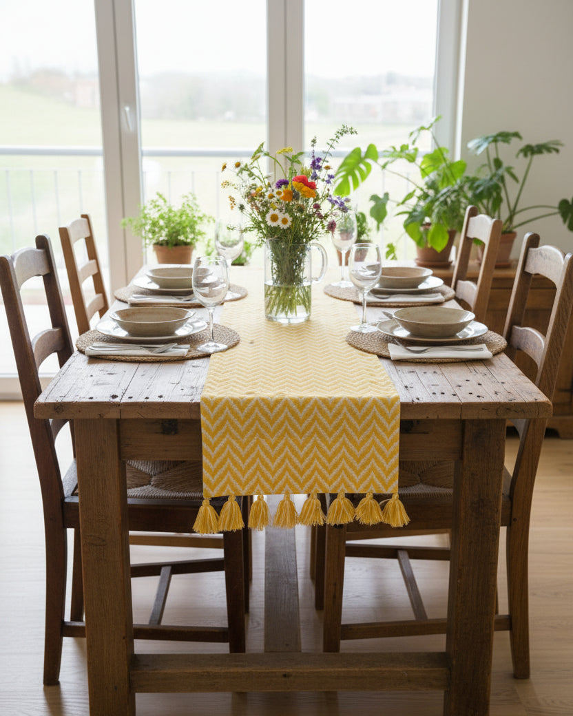 Yellow and white chevron Jacquard cotton dining table runner featuring a bold zigzag pattern and two-tone woolen hanging tassels, with Vasaca brand labels.
