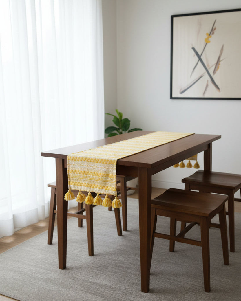 Yellow and white geometric Jacquard cotton dining table runner featuring intricate Aztec patterns and two-tone woolen hanging tassels, with Vasaca brand labels.