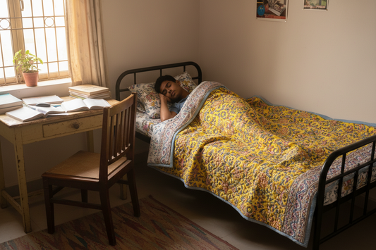 Yellow & White Single Cotton Dohar – Hand Block Printed with Multicolor Floral Motifs