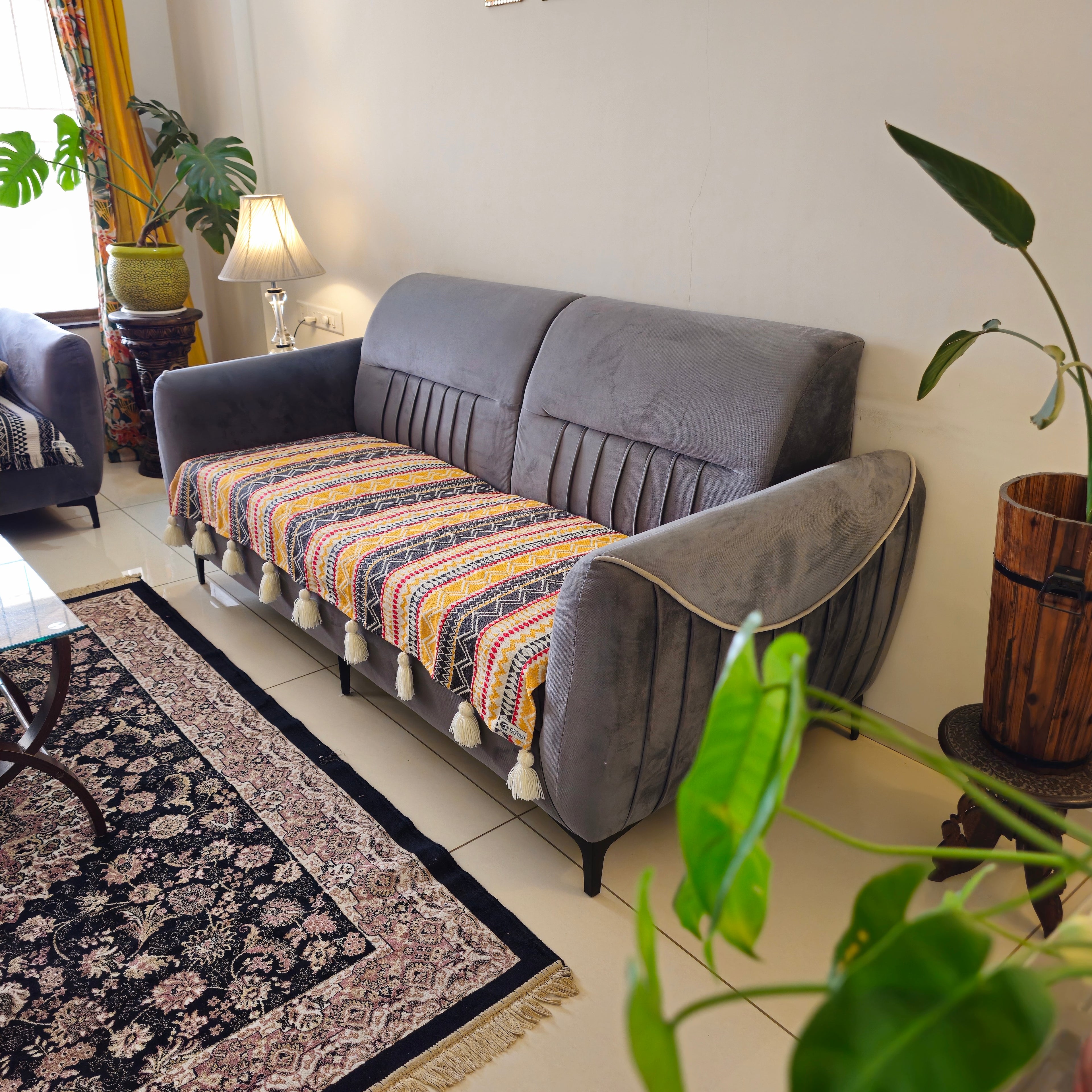 yellow sofa cover with tassels Pune