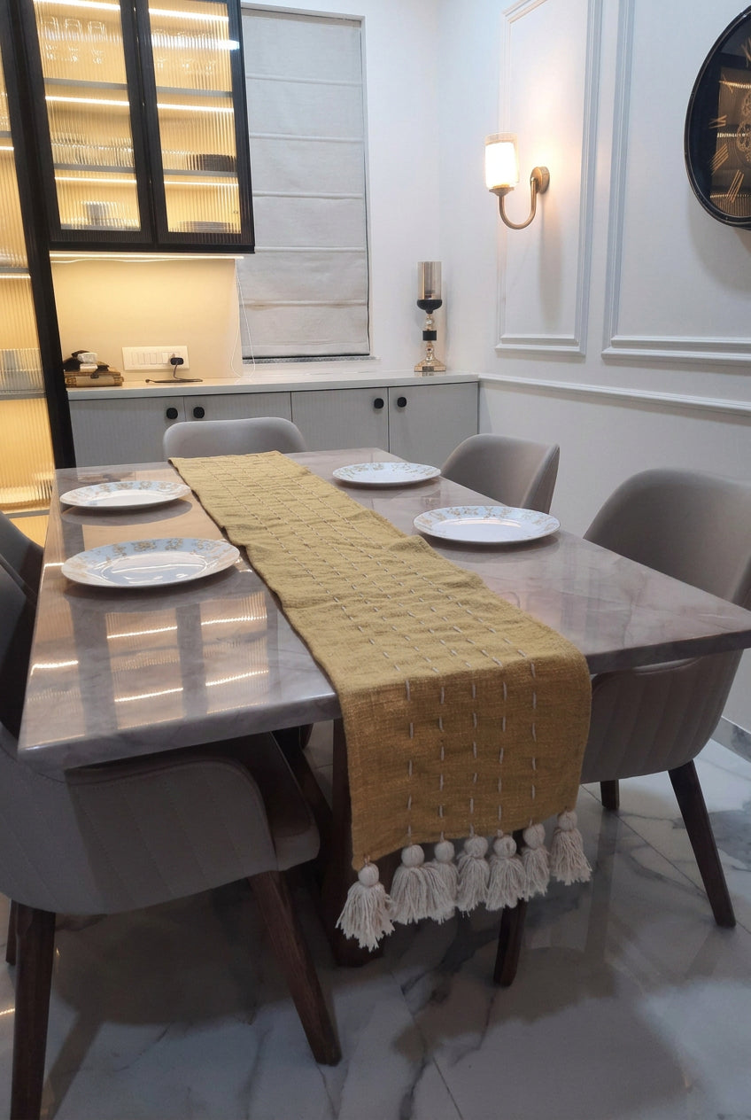 Mustard Yellow Slub Cotton Table Runner – Handmade Kantha Stitch with Tassels