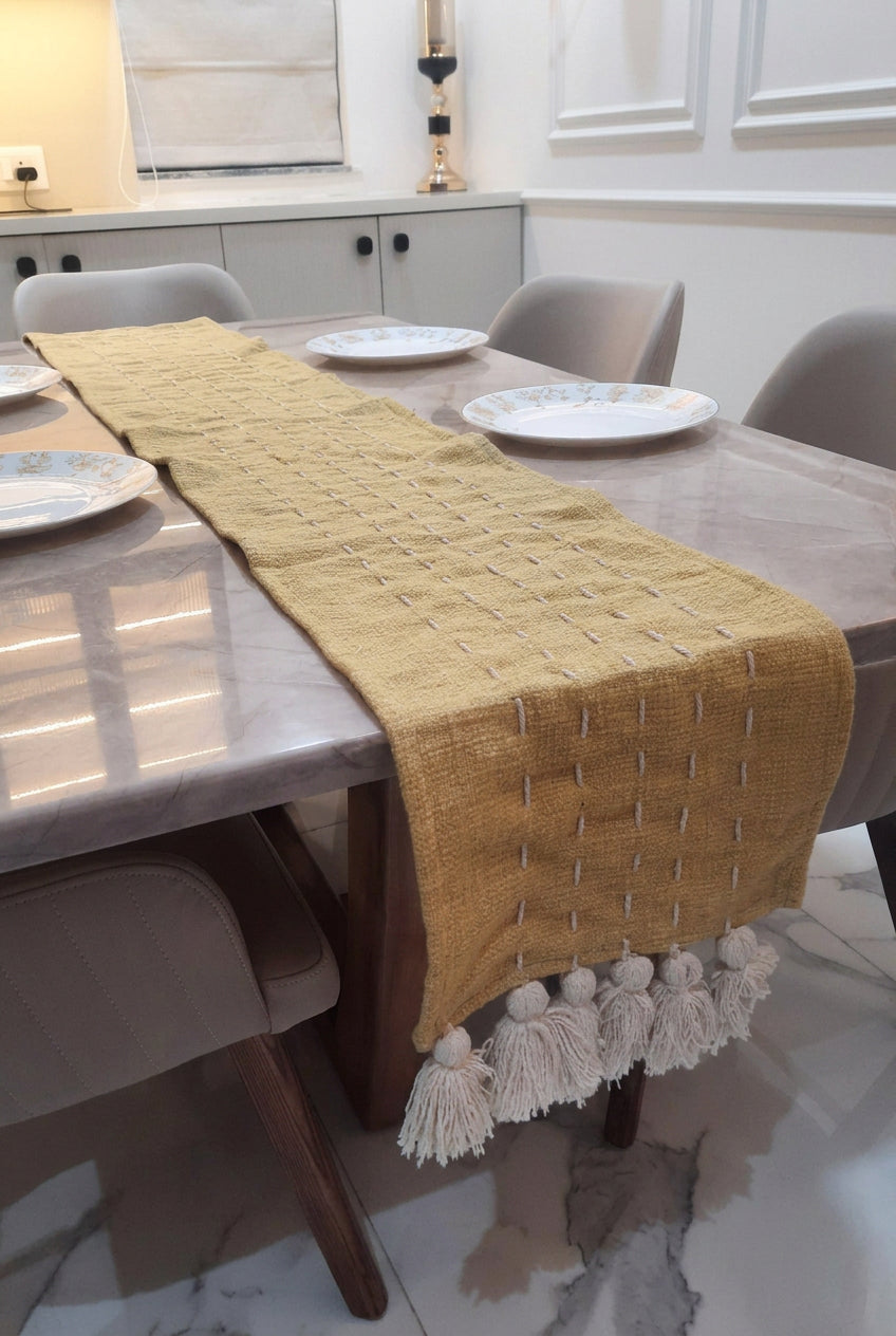 Mustard Yellow Slub Cotton Table Runner – Handmade Kantha Stitch with Tassels